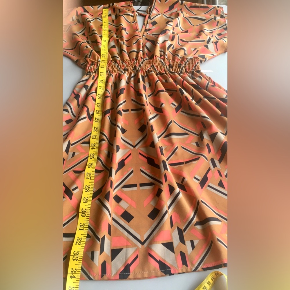 WISH Kimono orange blue mini dress Geometric pattern Smock waist Short sleeve - Picture 15 of 16